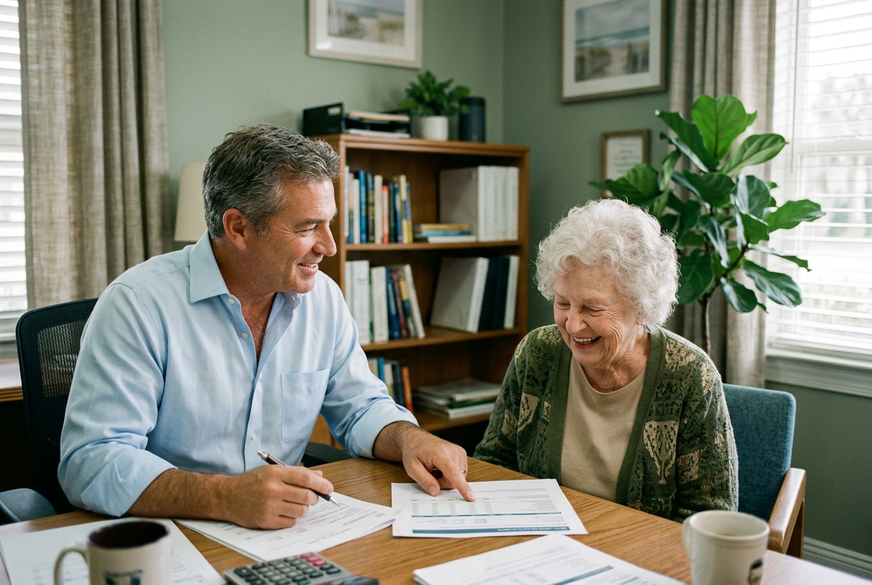 A Lifestone advisor walking a client through her policy documents at his desk